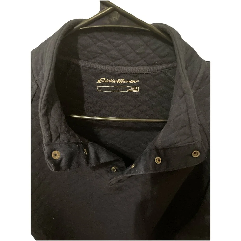 Eddie Bower Navy Men's Quilted Pullover, Long Sleeve , Quarter Button Up - Picture 3 of 5